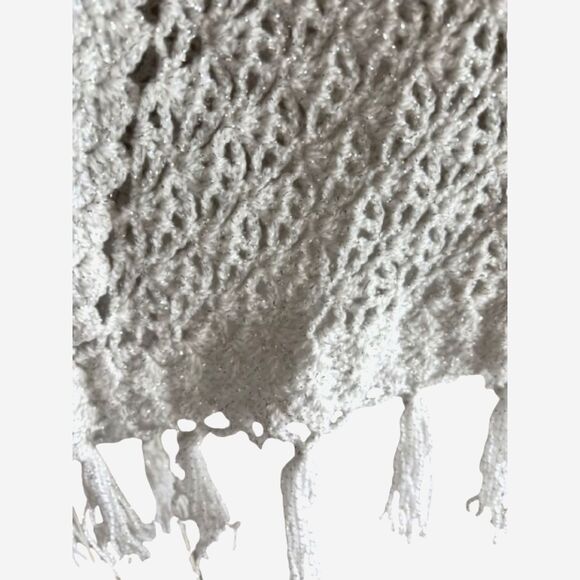 Handmade White Silver Shimmer Thread Crochet Shawl Wrap Lightweight Fringe Scarf - Picture 6 of 7